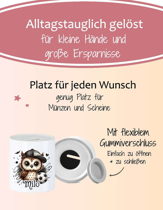 Personalisierte Kinderspardose mit Namen Eule Fußball – Keramik Spardose zur Einschulung, Geburt oder Taufe - CreativMade