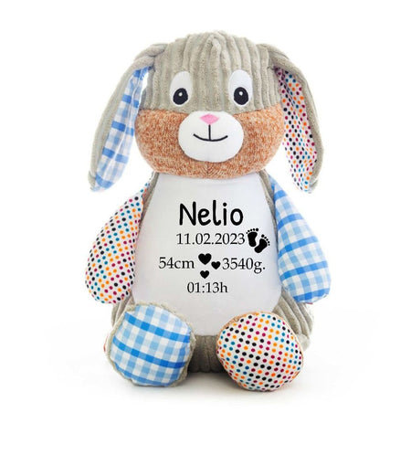 Kuscheltier Hase personalisiert mit Name Junge Geburtsdaten Geschenk Geburt Baby Plüschtier - CreativMade 