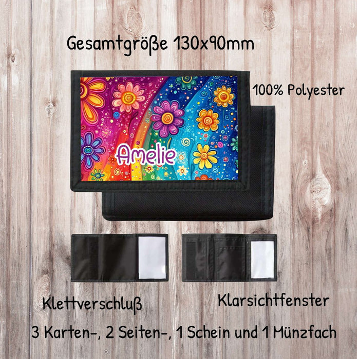 Kinder Geldbeutel personalisiert Blumen – Geldbörse mit Namen Klettverschluss Porte­mon­naie - CreativMade
