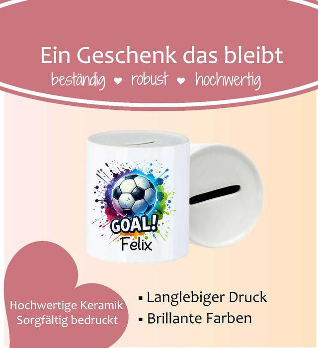 Personalisierte Kinderspardose mit Namen Fußball – Keramik Spardose zur Einschulung, Geburt oder Taufe - CreativMade