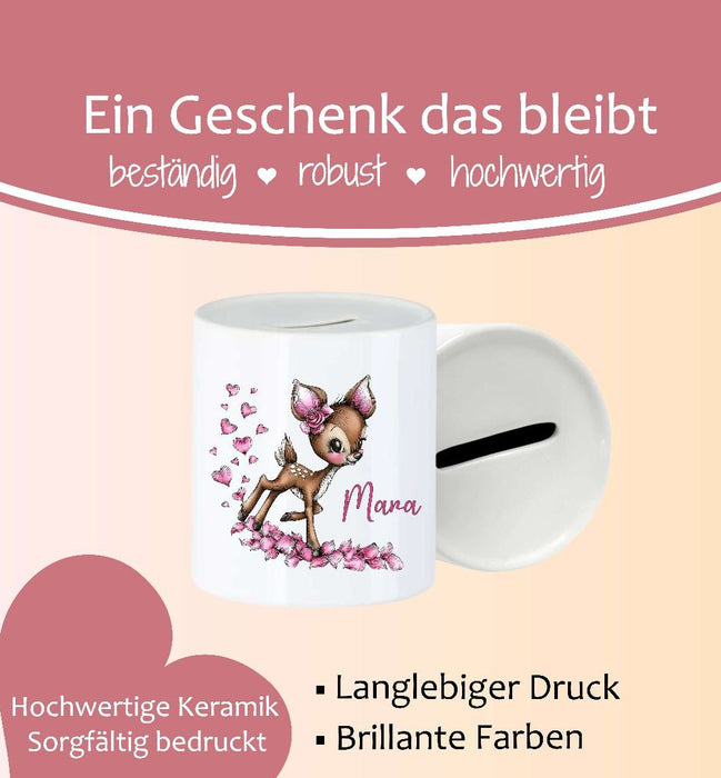 Personalisierte Kinderspardose mit Namen Reh - Keramik Spardose zur Einschulung, Geburt oder Taufe - CreativMade