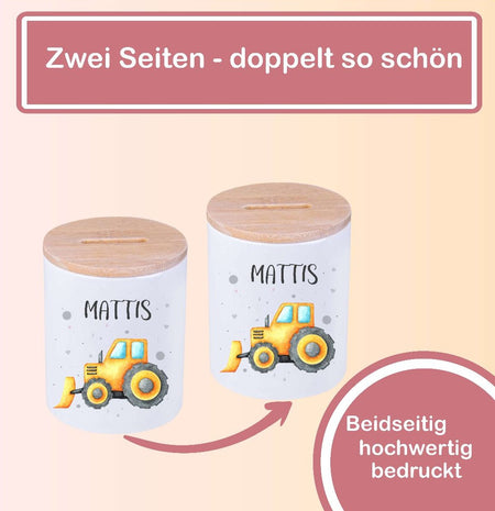 Kinder Spardose mit Name Bagger – Personalisierte Spardose für Kinder Keramik mit Bambusdeckel für Jungen - CreativMade