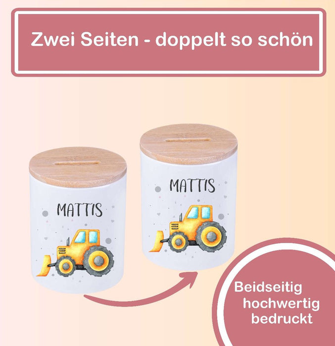 Kinder Spardose mit Name Bagger – Personalisierte Spardose für Kinder Keramik mit Bambusdeckel für Jungen