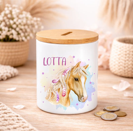 Kinder Spardose mit Name Pferd – Personalisierte Spardose für Kinder Keramik mit Bambusdeckel für Mädchen - CreativMade