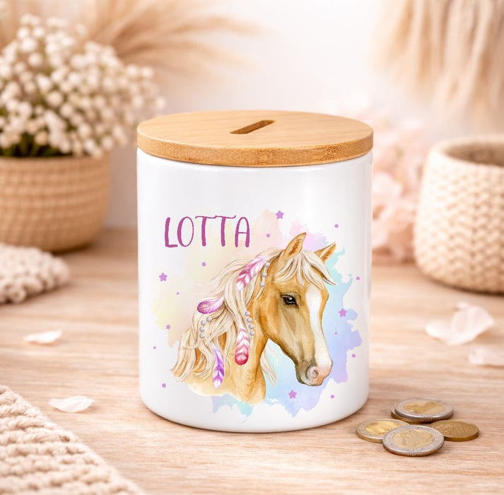 Kinder Spardose mit Name Pferd – Personalisierte Spardose für Kinder Keramik mit Bambusdeckel für Mädchen | CreativMade .