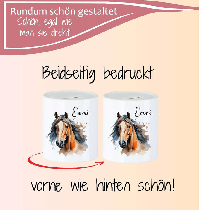 Personalisierte Kinderspardose mit Namen Pferd – Keramik Spardose zur Einschulung, Geburt oder Taufe - CreativMade
