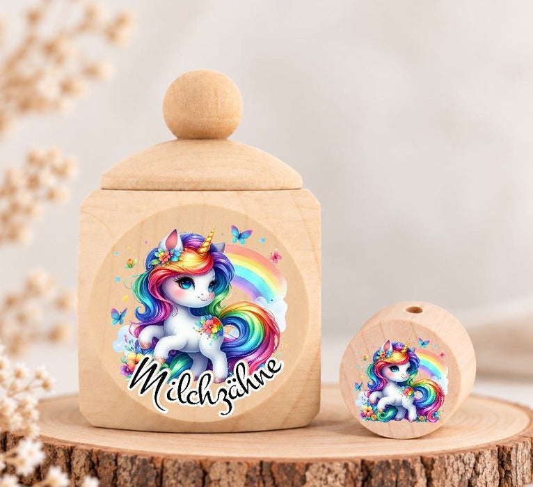 Milchzahndose Einhorn Regenbogen Holz mit Motivscheibe | DIY & Kreativbedarf 6 x 4cm Zahndose - CreativMade
