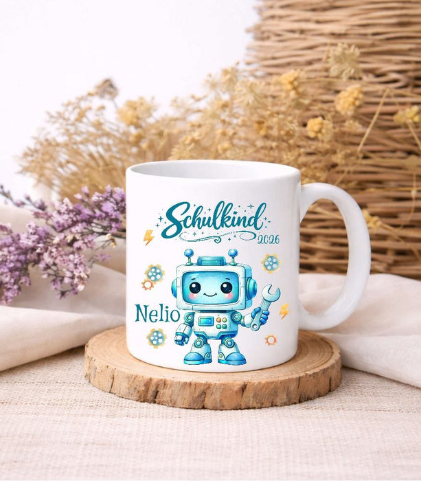 Schulkind Tasse personalisiert Roboter Jungen Einschulungstasse mit Namen Geschenk Einschulung Erstklässler - CreativMade