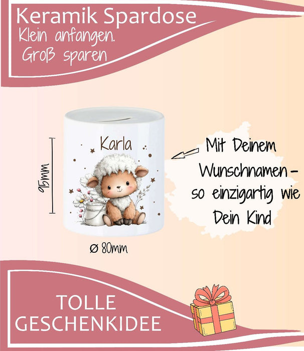 Personalisierte Kinderspardose mit Namen Schaf - Keramik Spardose zur Einschulung, Geburt oder Taufe - CreativMade