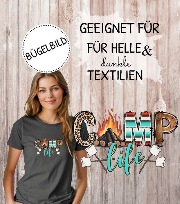 Bügelbild Camp Life Camping Lagerfeuer Marshmallow Aufnäher Transfer für T-Shirt, Pullover & DIY Textilien Sprüche & Schriften - CreativMade