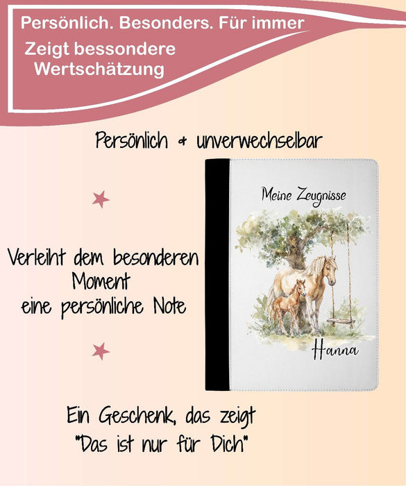 Personalisierte Zeugnismappe mit Namen Pferd – Mappe für Schulzeugnisse A4 | Geschenk zur Einschulung Mädchen - CreativMade 