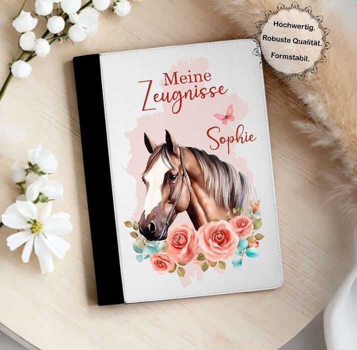 Personalisierte Zeugnismappe mit Namen Pferd – Mappe für Schulzeugnisse A4 | Geschenk zur Einschulung Mädchen - CreativMade