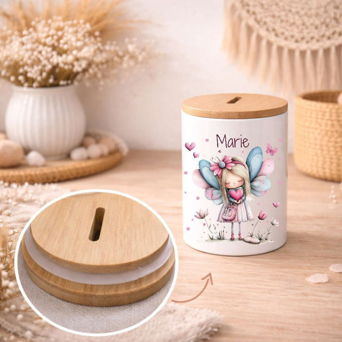 Kinder Spardose mit Name Fee – Personalisierte Spardose für Kinder Keramik mit Bambusdeckel für Mädchen | CreativMade .