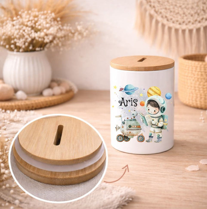 Kinder Spardose mit Name Rakete – Personalisierte Spardose für Kinder Keramik mit Bambusdeckel für Jungen | CreativMade .