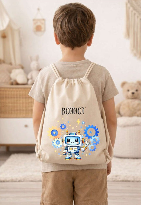 Kinder Turnbeutel mit Namen personalisiert – Roboter Sportbeutel für Kindergarten, Schule und Schwimmen - CreativMade