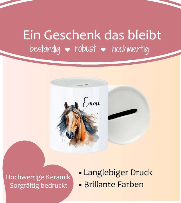 Personalisierte Kinderspardose mit Namen Pferd – Keramik Spardose zur Einschulung, Geburt oder Taufe - CreativMade