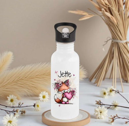 Personalisierte Trinkflasche Kinder Fuchs -  Edelstahl Trinkflasche mit Name - Strohhalm Geschenk Einschulung Geburtstag - CreativMade 