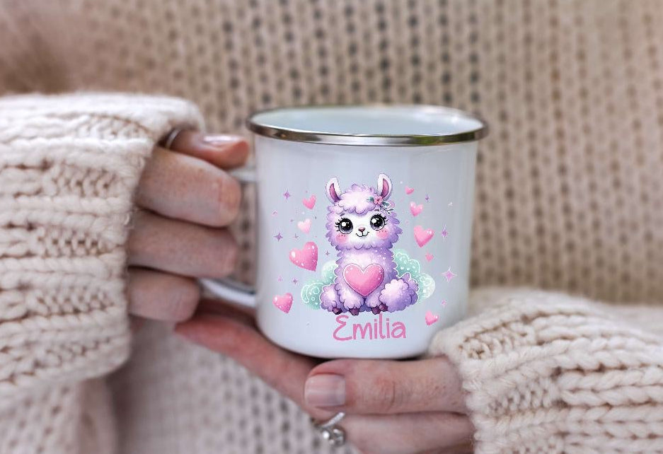 Kinder Tischset personalisiert mit Namen Lama Mädchen - abwischbar und rutschfest Platzdeckchen Platzset Tischunterlage - personalisierte Tasse Emaille & Keramik - CreativMade 