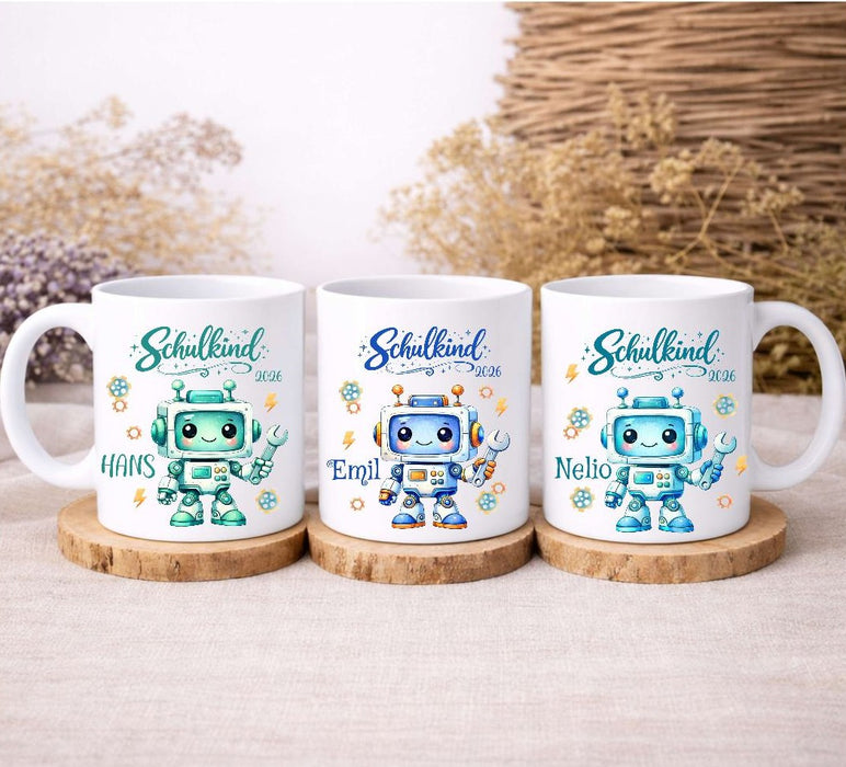 Schulkind Tasse personalisiert Roboter Jungen Einschulungstasse mit Namen Geschenk Einschulung Erstklässler - CreativMade
