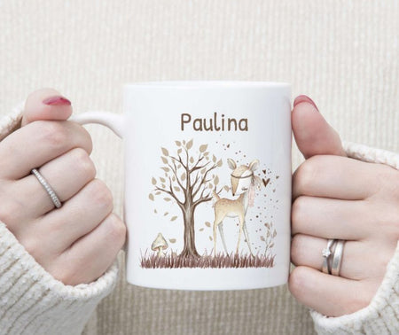 Tasse personalisiert Waldtiere Reh Fuchs Waschbär Eule mit Name Kinder Mädchen Junge Einschulung Kindertasse Keramik oder Emaille - CreativMade 
