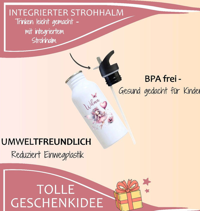 Personalisierte Trinkflasche Kinder Fee-  Edelstahl Trinkflasche mit Name - Strohhalm Geschenk Einschulung Geburtstag - CreativMade 