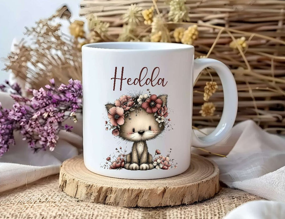Personalisiertes Kinder Trinkflaschen- & Tassen-Set mit Namen Katze – Edelstahl Trinkflasche 500 ml für Schule & Kindergarten - CreativMade