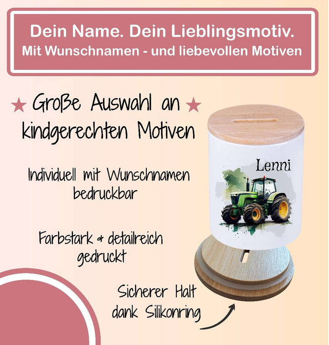 Kinder Spardose mit Name Traktor – Personalisierte Spardose für Kinder Keramik mit Bambusdeckel für Jungen | CreativMade .
