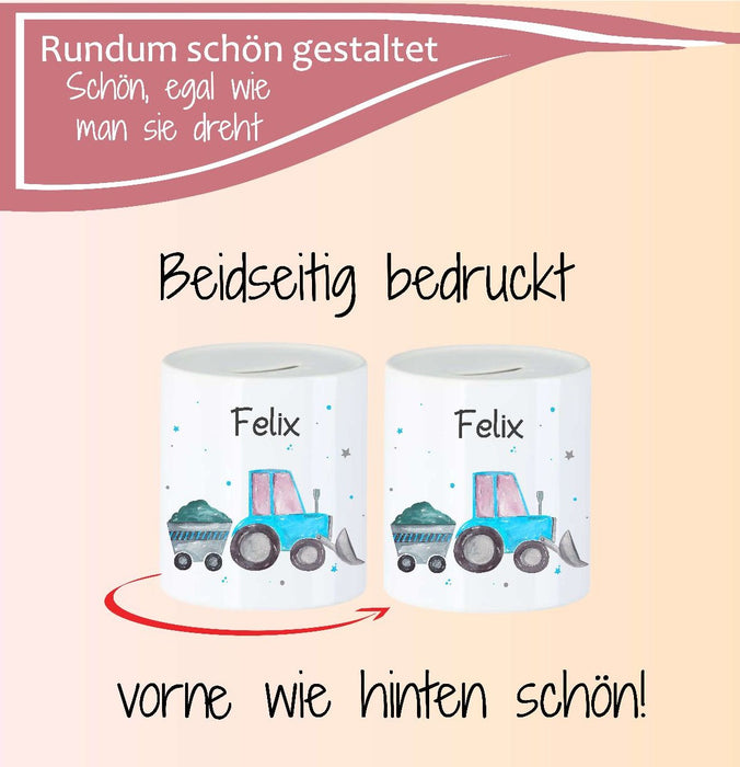 Personalisierte Kinderspardose mit Namen Bagger - Keramik Spardose zur Einschulung, Geburt oder Taufe - CreativMade