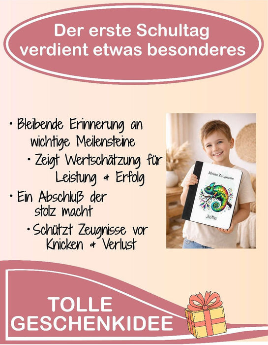 Personalisierte Zeugnismappe mit Namen Chamäleon – Mappe für Schulzeugnisse A4 | Geschenk zur Einschulung - CreativMade