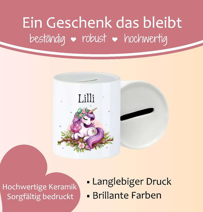 Personalisierte Kinderspardose mit Namen Einhorn – Keramik Spardose zur Einschulung, Geburt oder Taufe - CreativMade 