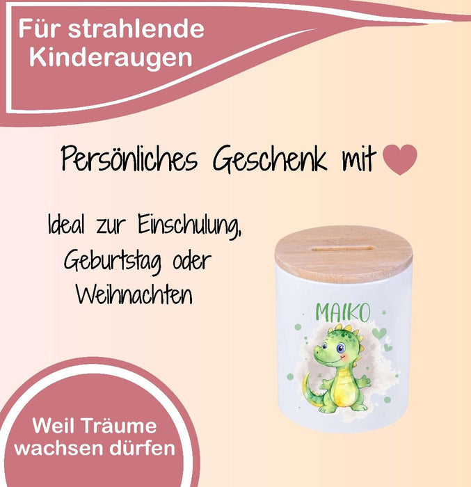 Kinder Spardose mit Name Drache grün  – Personalisierte Spardose für Kinder Keramik mit Bambusdeckel für Jungen | CreativMade .