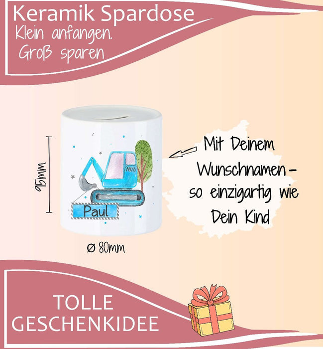 Personalisierte Kinderspardose mit Namen Bagger - Keramik Spardose zur Einschulung, Geburt oder Taufe - CreativMade