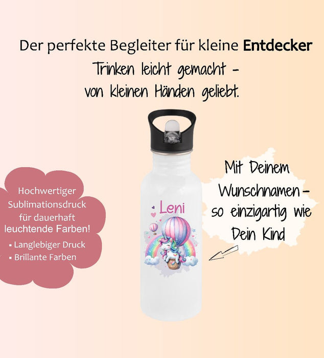 Personalisierte Trinkflasche Kinder Einhorn -  Edelstahl Trinkflasche mit Name - Strohhalm Geschenk Einschulung Geburtstag - CreativMade 