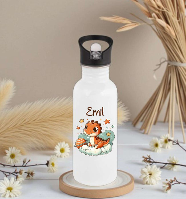 Personalisierte Trinkflasche Kinder Dinosaurier -  Edelstahl Trinkflasche mit Name - Strohhalm Geschenk Einschulung Geburtstag - CreativMade 