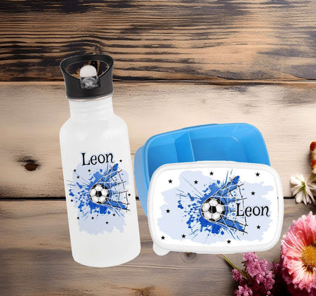 Set Brotdose und Trinkflasche personalisiert mit Namen Fußball Edelstahl 500ml Lunchbox Jungen - CreativMade