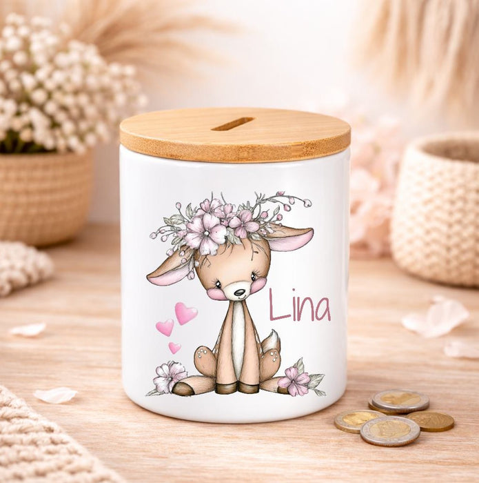 Kinder Spardose mit Name Tier-Motiv – Personalisierte Spardose für Kinder Keramik mit Bambusdeckel
