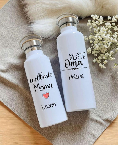 Personalisierte Thermosflasche aus Edelstahl – das perfekte Geschenk für Mama & Oma. Auslaufsicher, doppelwandig & mit Namen bedruckt. - CreativMade