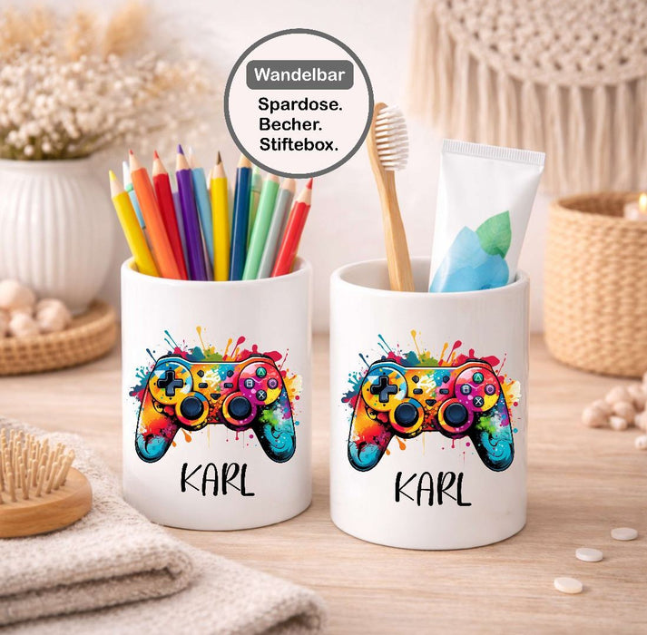 Kinder Spardose mit Name Controller – Personalisierte Spardose für Kinder Keramik mit Bambusdeckel für Jungen | CreativMade .