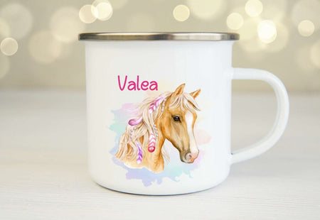 Tasse personalisiert Pferd mit Name Kinder Mädchen Einschulung Kindertasse Keramik oder Emaille - CreativMade 
