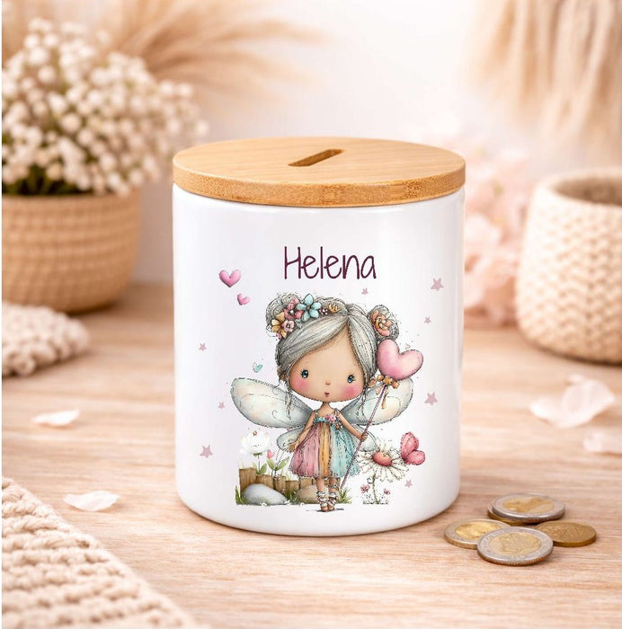 Kinder Spardose mit Name Fee – Personalisierte Spardose für Kinder Keramik mit Bambusdeckel für Mädchen | CreativMade .