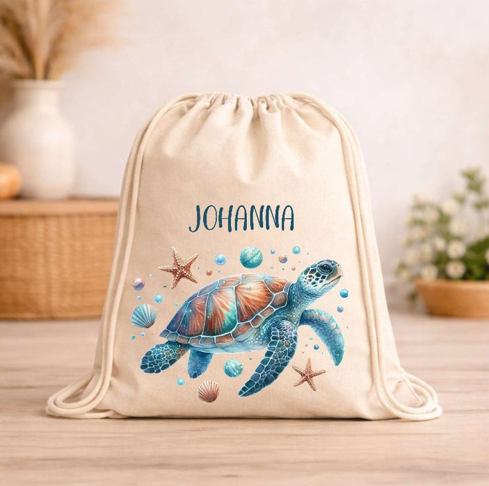 Kinder Turnbeutel mit Namen personalisiert – Schildkröte Sportbeutel für Kindergarten, Schule und Schwimmen - CreativMade 