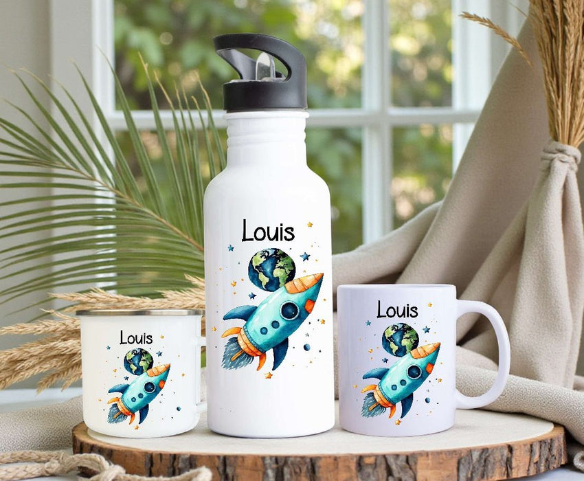 Personalisiertes Kinder Trinkflaschen- & Tassen-Set mit Namen Rakete – Edelstahl Trinkflasche 500 ml für Schule & Kindergarten - CreativMade