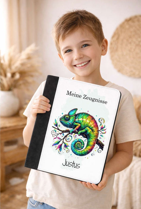 Personalisierte Zeugnismappe mit Namen Chamäleon – Mappe für Schulzeugnisse A4 | Geschenk zur Einschulung - CreativMade