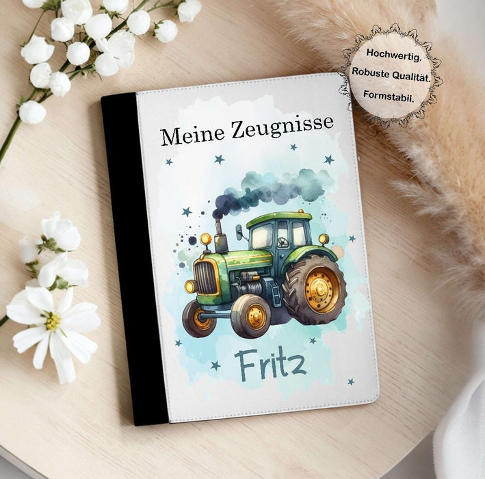 Personalisierte Zeugnismappe mit Namen Traktor – Mappe für Schulzeugnisse A4 | Geschenk zur Einschulung Jungen - CreativMade