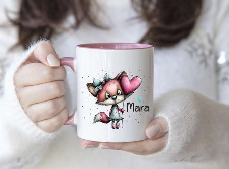 Kindertasse personalisiert mit Namen Fuchs Mädchen Emaille Keramik Kunststoff Geschenk - CreativMade 
