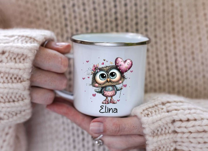 Kindertasse personalisiert mit Namen Eule Mädchen Emaille Keramik Kunststoff Geschenk - CreativMade 