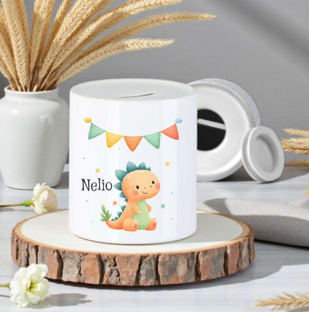 Personalisierte Kinderspardose mit Namen Dinosaurier – Keramik Spardose zur Einschulung, Geburt oder Taufe - CreativMade