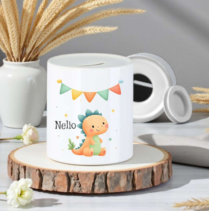 Personalisierte Kinderspardose mit Namen Dinosaurier – Keramik Spardose zur Einschulung, Geburt oder Taufe - CreativMade