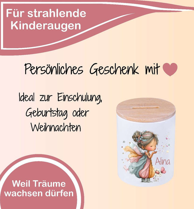 Kinder Spardose mit Name Fee – Personalisierte Spardose für Kinder Keramik mit Bambusdeckel für Mädchen | CreativMade .