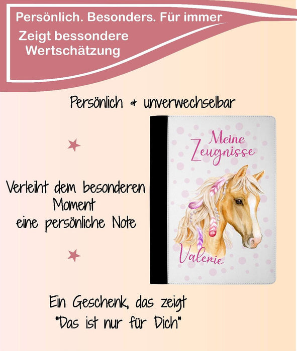Personalisierte Zeugnismappe mit Namen Pferd – Mappe für Schulzeugnisse A4 | Geschenk zur Einschulung Mädchen - CreativMade 
